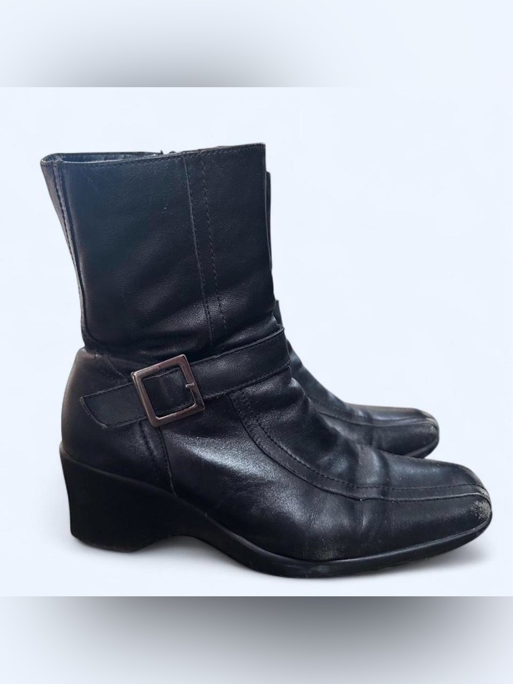 Women's Black Leather Ankle Boots with Buckle